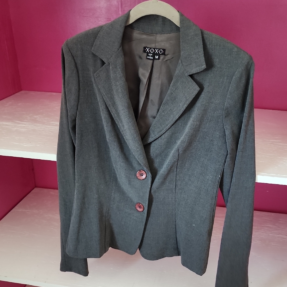 XOXO Women's Charcoal Gray Two-Button Tailored Blazer